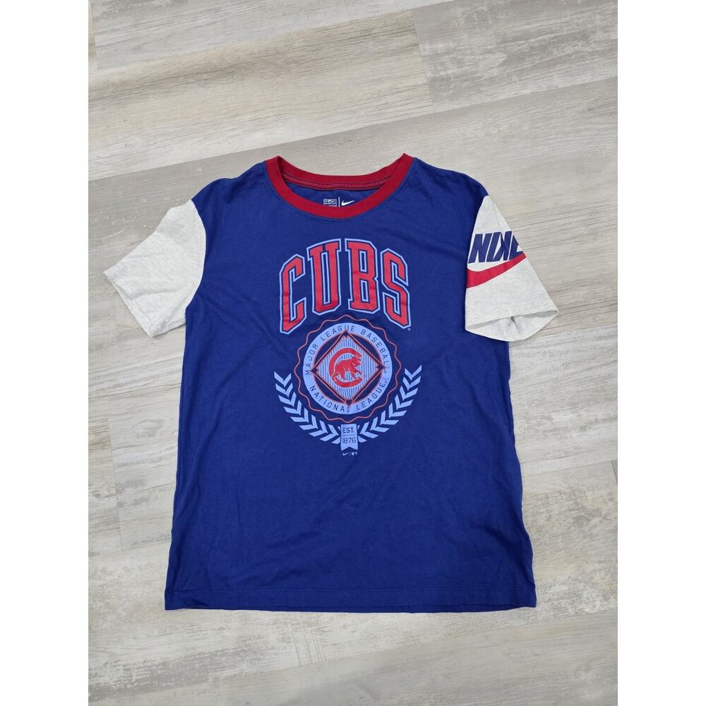 Nike Chicago Cubs MLB T-Shirt Small Blue Grey Reversed Flip K Logo Slim Fit 18"